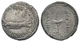 Mark Antony, Patrae(?), Autumn 32-spring 31 BC. AR Denarius (17.5mm, 3.46g, 6h). Legionary type. Galley r. R/ LEG VI, legionary aquila between two sig...