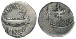 Mark Antony, Patrae(?), Autumn 32-spring 31 BC. AR Denarius (16.5mm, 3.18g, 1h). Legionary type. Galley r. R/ LEG XIIII, legionary aquila between two ...