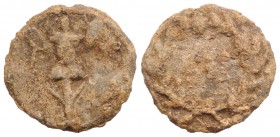 Roman PB Tessera, c. 1st century BC - 1st century AD (19mm, 4.45g). Trophy. R/ Wreath. VF