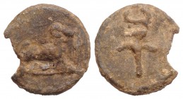 Roman Pb Tessera, c. 1st century BC - 1st century AD (18mm, 2.95g, 12h). Winged caduceus. R/ Ram standing r. Chipped, otherwise VF