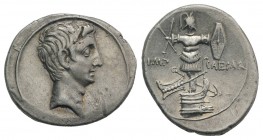 Octavian, Italian (Rome?) mint, Autumn 30-summer 29 BC. AR Denarius (21mm, 3.74g, 3h). Bare head r. R/ Naval and military trophy facing, composed of h...