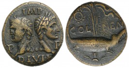 Augustus and Agrippa (27 BC-14 AD). Æ As (27mm, 12.75g, 12h). Gaul, Nemausus, c. 10-14. Heads of Agrippa, wearing combined rostral crown and laurel wr...
