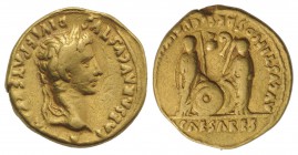 Augustus (27 BC-AD 14). AV Aureus (20mm, 7.72g, 3h). Lugdunum, 2 BC-AD 4. Laureate head r. R/ Caius and Lucius Caesars standing facing, two shields an...
