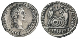 Augustus (27 BC-AD 14). AR Denarius (19mm, 3.77g, 11h). Lugdunum, 2 BC-AD 4. Laureate head r. R/ Caius and Lucius Caesars standing facing, holding shi...
