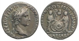 Augustus (27 BC-AD 14). AR Denarius (18mm, 3.73g, 11h). Lugdunum, 2 BC-AD 12. Laureate head r. R/ Caius and Lucius Caesars standing facing, holding sh...