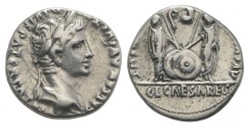 Augustus (27 BC-AD 14). AR Denarius (17mm, 3.73g, 10h). Lugdunum, 2 BC-AD 12. Laureate head r. R/ Caius and Lucius Caesars standing facing, holding sh...