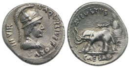 Augustus (27 BC-AD 14). AR Denarius (19mm, 3.76g, 2h). Rome. L. Aquillius Florus, moneyer, 19 BC. Helmeted and draped bust of Virtus r. R/ Augustus dr...
