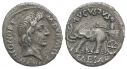 Augustus (27 BC-AD 14). AR Denarius (19mm, 3.39g, 6h). Rome. M. Durmius, moneyer, 19/8 BC. Head of Honos r. R/ Augustus driving biga of elephants l., ...