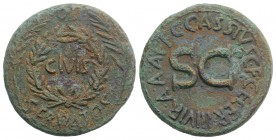 Augustus (27 BC-AD 14). Æ Sestertius (35mm, 23.93g, 9h). Rome; C. Cassius Celer, moneyer, 16 BC. CIVIS within oak wreath between two laurel branches. ...