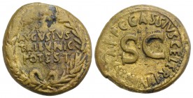 Augustus (27 BC-AD 14). Æ Dupondius (29mm, 12.30g, 4h). Rome; C. Cassius Celer, moneyer, 16 BC. AVGVSTVS/ TRIBVNIC/ POTEST in three lines within laure...