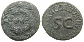 Augustus (27 BC-14 AD). Æ Sestertius (35mm, 23.77g, 2h). Rome; C. Gallius Lupercus, moneyer, 16 BC. Laurel wreath flanked by laurel branches. R/ Legen...
