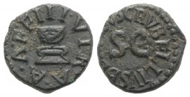 Augustus (27 BC-AD 14). Æ Quadrans (14mm, 2.52g, 3h). Rome. C. Rubellius Blandus, moneyer, 9 BC. Garlanded altar. R/ Legend around large S C. RIC I 46...
