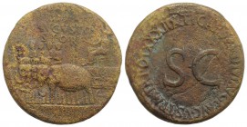 Divus Augustus (died AD 14). Æ Sestertius (34mm, 24.52g, 12h). Rome, c. AD 35-6. Augustus, radiate and holding laurel branch and sceptre, seated l. in...