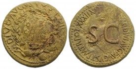 Divus Augustus (died AD 14). Æ Sestertius (34mm, 25.81g, 6h). Rome, 36-7. OB/CIVIS/SER in three lines across shield bordered by oak wreath; shield sup...