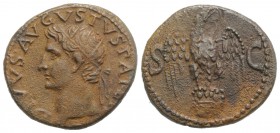 Divus Augustus (died AD 14). Æ As (27mm, 10.52g, 6h). Rome, c. 34-7. Radiate head l. R/ Eagle standing on globe, head r., with wings spread. RIC I 82 ...