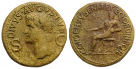 Divus Augustus (died AD 14). Æ Dupondius (29mm, 16.84g, 6h). Rome, 37-41. Radiate head of Divus Augustus l. R/ Augustus(?), laureate and togate, seate...