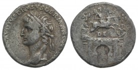 Nero Claudius Drusus (died 9 BC). AR Denarius (17mm, 3.43g, 12h). Lugdunum, c. AD 41-45. Laureate head l. R/ Triumphal arch surmounted by equestrian s...