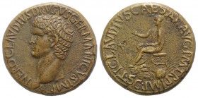Nero Claudius Drusus (died 9 BC). Æ Sestertius (34mm, 25.71g, 6h). Rome, 42-3. Bare head l. R/ Claudius seated l. on curule chair, holding branch and ...