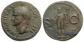 Agrippa (died 12 BC). Æ As (29mm, 10.12g, 6h). Rome, AD 37-41. Head l., wearing rostral crown. R/ Neptune standing l., holding small dolphin and tride...