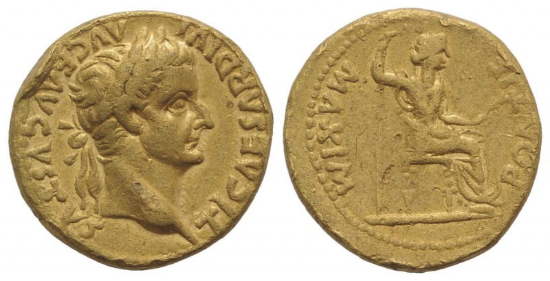 Tiberius (14-37). AV Aureus (19mm, 7.59g, 5h). Lugdunum, 19-35. Laureate head r....
