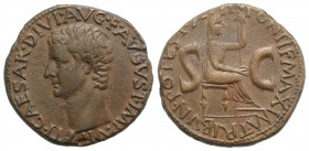 Tiberius (14-37). Æ As (28mm, 11.18g, 12h). Rome, 15-6. Bare head l. R/ Draped female seated r., feet on stool, holding patera and sceptre. RIC I 34. ...