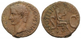 Tiberius (14-37). Æ As (27mm, 10.66g, 12h). Rome, 15-6. Bare head l. R/ Draped female seated r., feet on stool, holding patera and sceptre. RIC I 34. ...
