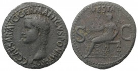 Gaius (Caligula, 37-41). Æ As (29mm, 10.73g, 6h). Rome, 37-8. Bare head l. R/ Vesta seated l. on ornamental throne, holding patera and sceptre. RIC I ...