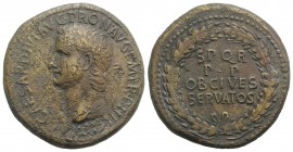 Gaius (Caligula, 37-41). Æ Sestertius (35mm, 27.98g, 6h). Rome, AD 39-40. Laureate head l. R/ S P Q R / P P / OB CIVES / SERVATOS in four lines; all w...
