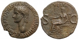 Gaius (Caligula, 37-41). Æ As (28mm, 10.71g, 6h). Rome, 40-1. Bare head l. R/ Vesta seated l. on ornamental throne, holding patera and sceptre. RIC I ...