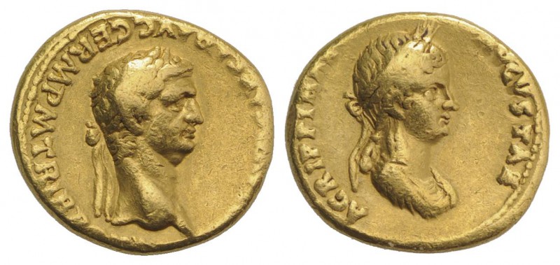 Claudius with Agrippina Junior (41-54). AV Aureus (17.5mm, 7.55g, 5h). Rome, 50-...