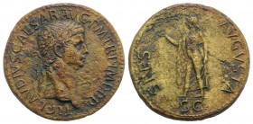 Claudius (41-54). Æ Sestertius (36mm, 27.39g, 6h). Rome, 41-2. Laureate head r. R/ Spes advancing l., holding flower and raising hem of skirt. RIC I 9...