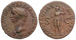 Claudius (41-54). Æ As (29mm, 10.67g, 6h). Rome, 42-3. Bare head l. R/ Constantia standing l., raising hand and holding spear. RIC I 111. Brown-reddis...