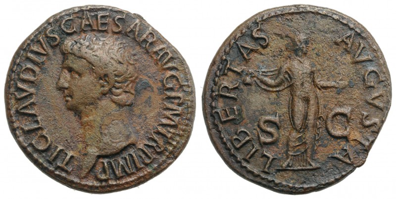 Claudius (41-54). Æ As (29.5mm, 11.39g, 6h). Rome. Bare head l. R/ Libertas stan...