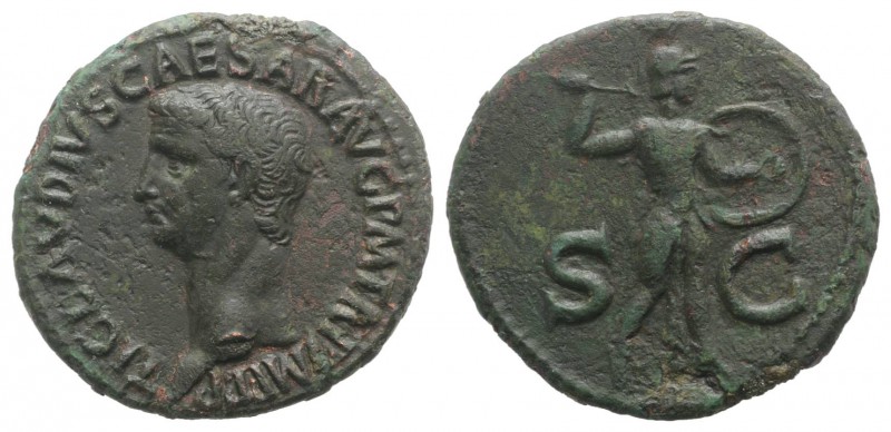 Claudius (41-54). Æ As (30mm, 10.29g, 7h). Rome. Bare head l. R/ Minerva standin...