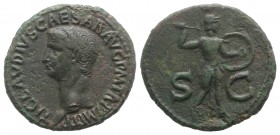 Claudius (41-54). Æ As (30mm, 10.29g, 7h). Rome. Bare head l. R/ Minerva standing r., brandishing javelin and holding shield on l. arm. RIC I 116. Smo...