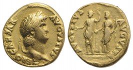Nero (54-68). AV Aureus (17mm, 7.05g, 6h). Rome, 64-5. Laureate head r. R/ Nero, radiate and togate, standing l., holding patera and sceptre; to r., P...