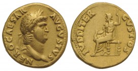 Nero (54-68). AV Aureus (17.5mm, 7.18g, 7h). Rome, c. 64-5. Laureate head r. R/ Jupiter seated l., holding sceptre and thunderbolt. RIC I 52; Calicó 4...