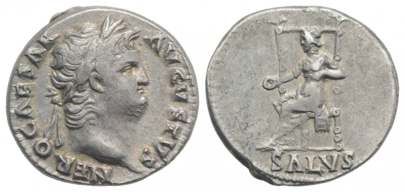 Nero (54-68). AR Denarius (17mm, 3.50g, 6h). Rome, c. 65-6. Laureate head r. R/ ...