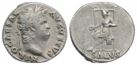 Nero (54-68). AR Denarius (17mm, 3.50g, 6h). Rome, c. 65-6. Laureate head r. R/ Salus seated l. on ornamented throne, holding patera. RIC I 60; RSC 31...