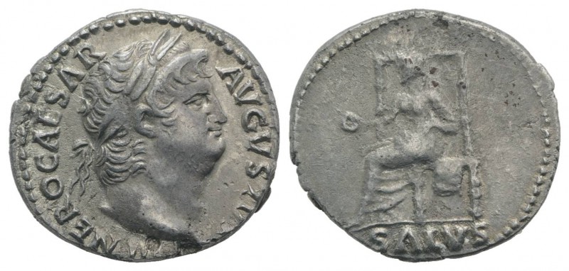 Nero (54-68). AR Denarius (18mm, 3.26g, 6h). Rome, c. 65-6. Laureate head r. R/ ...