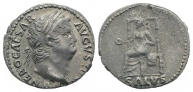Nero (54-68). AR Denarius (18mm, 3.26g, 6h). Rome, c. 65-6. Laureate head r. R/ Salus seated l. on ornamented throne, holding patera. RIC I 60; RSC 31...