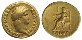 Nero (54-68). AV Aureus (19mm, 7.17g, 6h). Rome, c. 66-7. Laureate head r. R/ Salus seated l. on ornate throne, holding patera. RIC I 66. Near VF