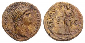 Nero (54-68). Æ As (22mm, 7.38g, 6h). Rome, c. AD 64. Radiate head r. R/ Genius standing l., sacrificing from patera over lighted altar and holding co...