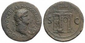 Nero (54-68). Æ Sestertius (36mm, 25.92g, 6h). Lugdunum, c. AD 65. Laureate head r., small globe at point of neck. R/ Triumphal arch surmounted by att...