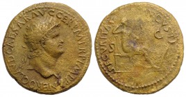 Nero (54-68). Æ Dupondius (30mm, 11.87g, 6h). Lugdunum, c. AD 65. Laureate head r. R/ Securitas seated r., holding sceptre; before, altar against whic...