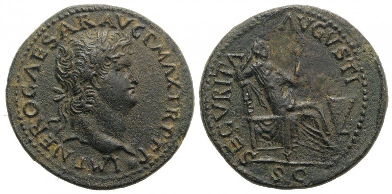 Nero (54-68). Æ Dupondius (30mm, 13.51g, 6h). Lugdunum, c. AD 66. Laureate head ...