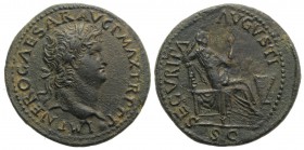 Nero (54-68). Æ Dupondius (30mm, 13.51g, 6h). Lugdunum, c. AD 66. Laureate head r., globe at point of bust. R/ Securitas seated r., resting elbow on b...