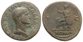 Galba (68-69). Æ Sestertius (36mm, 25.62g, 6h). Rome, c. June-August AD 68. Laureate and draped bust r. R/ Roma seated l. on cuirasss, holding spear a...