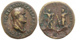 Galba (68-69). Æ Sestertius (36.5mm, 25.17g, 6h). Rome, c. November AD 68. Laureate and draped bust r. R/ Honos standing r., holding sceptre and cornu...