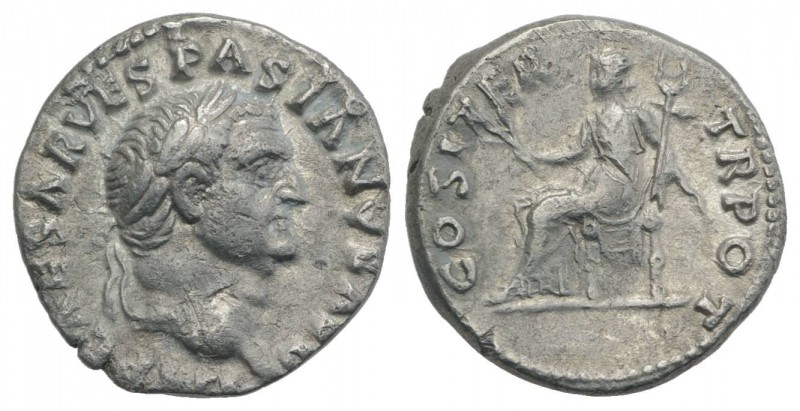 Vespasian (69-79). AR Denarius (17mm, 3.20g, 6h). Rome, AD 70. Laureate head r. ...